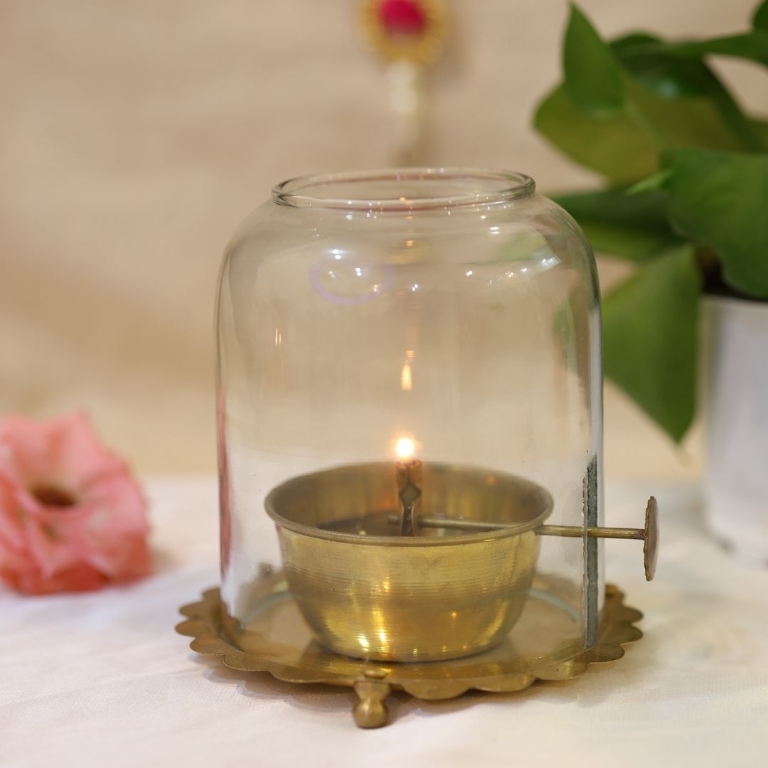 Brass Akhand Jyot Oil Diya with Boro-Silicate Glass