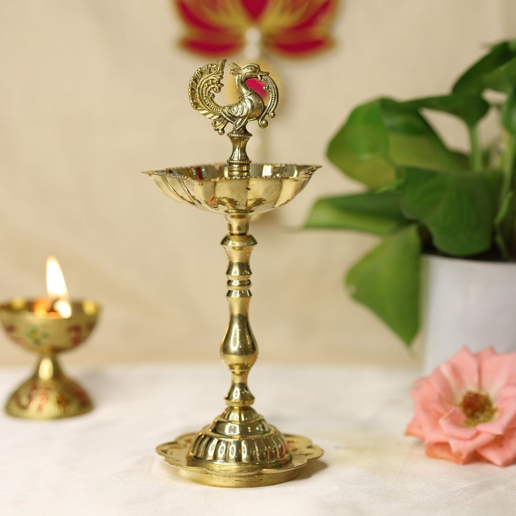 Seven Wicks Peacock Oil Brass Lamp