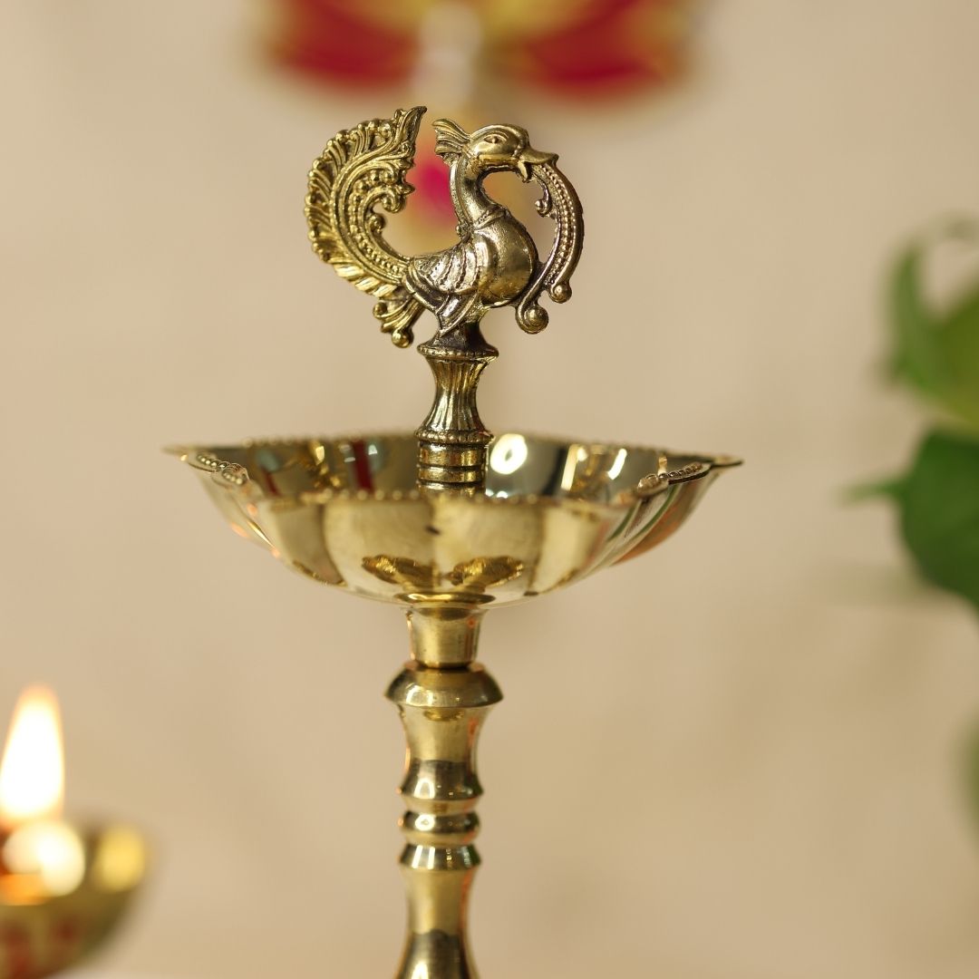 Seven Wicks Peacock Oil Brass Lamp