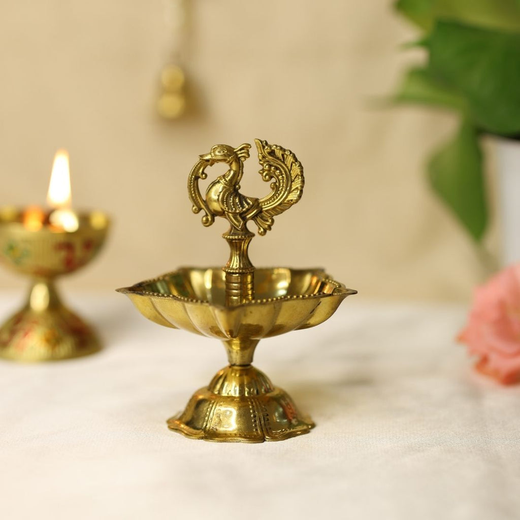 Seven Wicks Peacock Oil Brass Lamp
