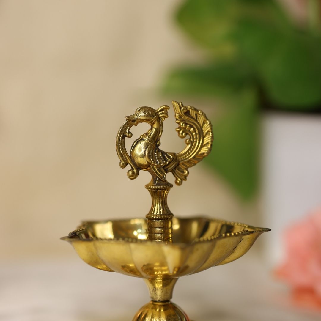 Seven Wicks Peacock Oil Brass Lamp