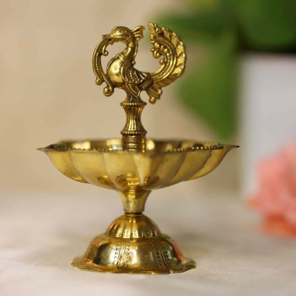 Seven Wicks Peacock Oil Brass Lamp