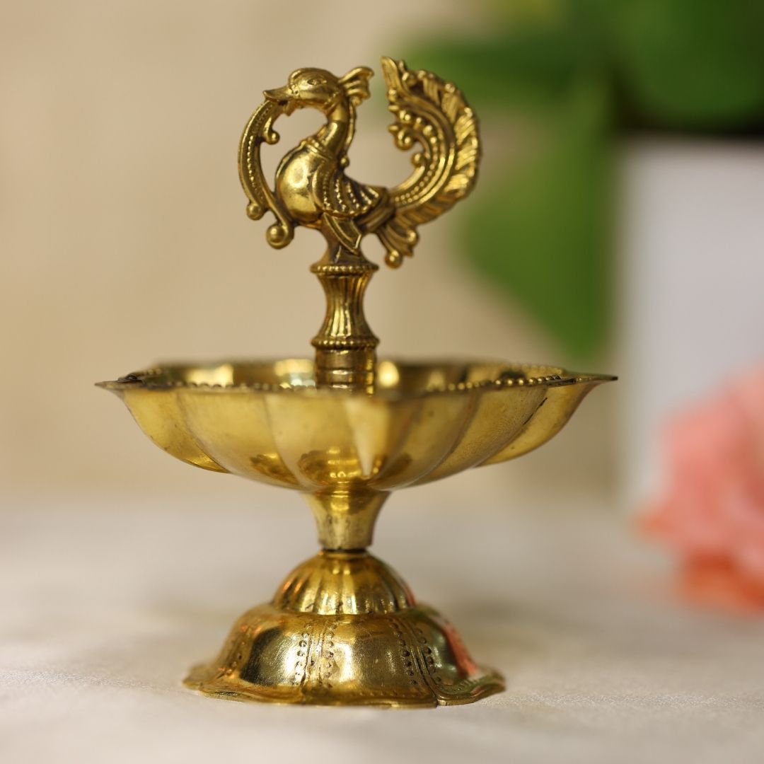 Seven Wicks Peacock Oil Brass Lamp