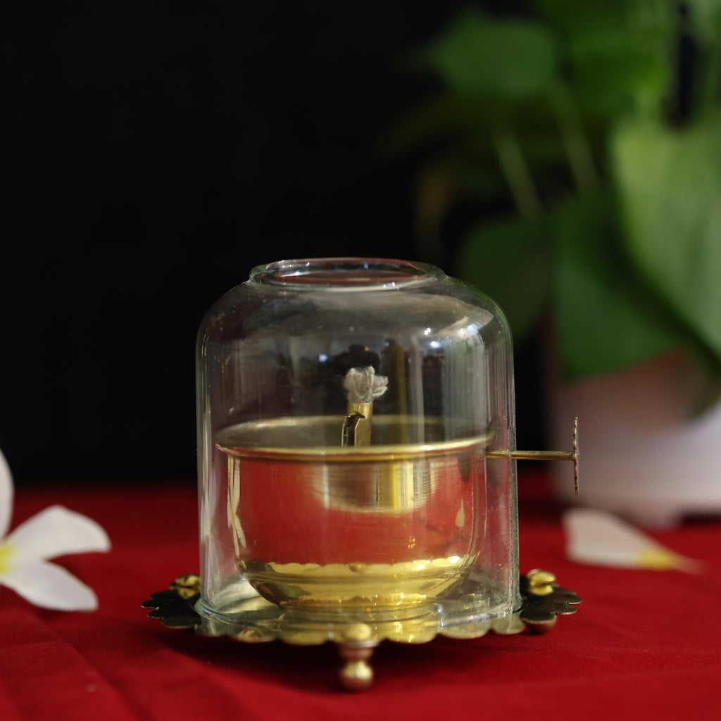 Brass Akhand Jyot Oil Diya with Boro-Silicate Glass