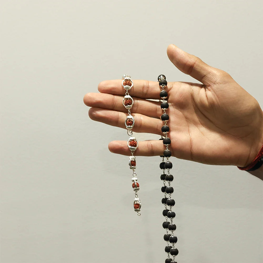 Rudraksha & Karungali Silver Cap (Bracelet & Mala)