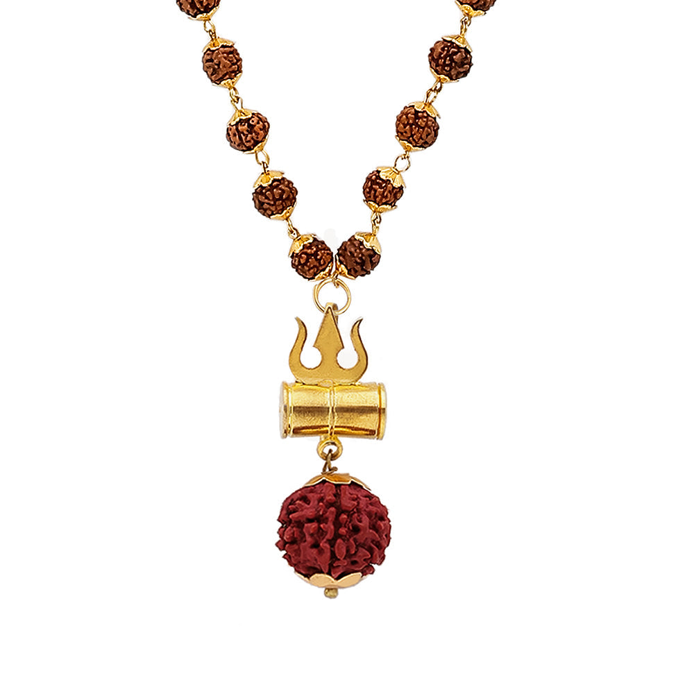 Gold-Plated Rudraksha Shiva Damroo Trishool Necklace