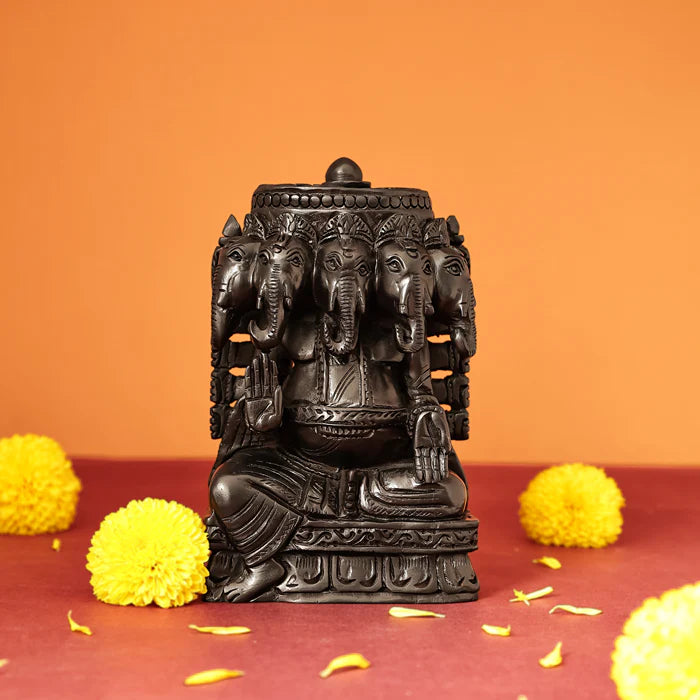 Divine Crystals Lord Panchamukhi Ganesh Karungali Idol – Ebony Wood