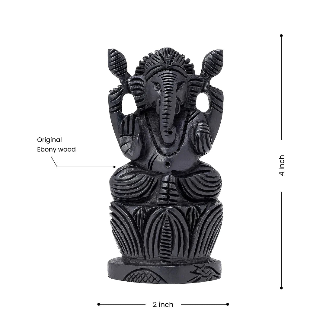 Ganesha idol, 4 inches tall, seated on a lotus base, made from original Ebony wood