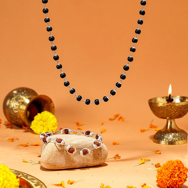 Rudraksha & Karungali Silver Cap (Bracelet & Mala)