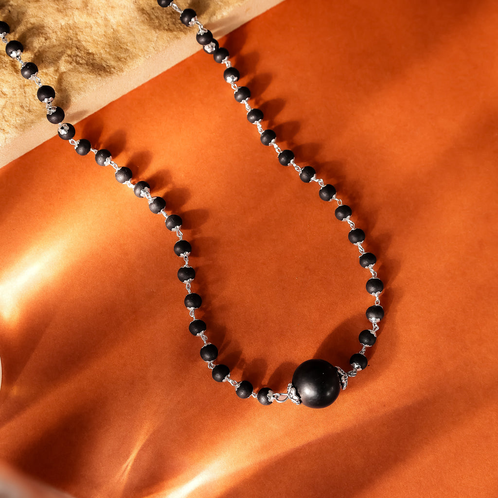 Silver Cap Karungali Mala with Large Bead, Gov. Lab Certified