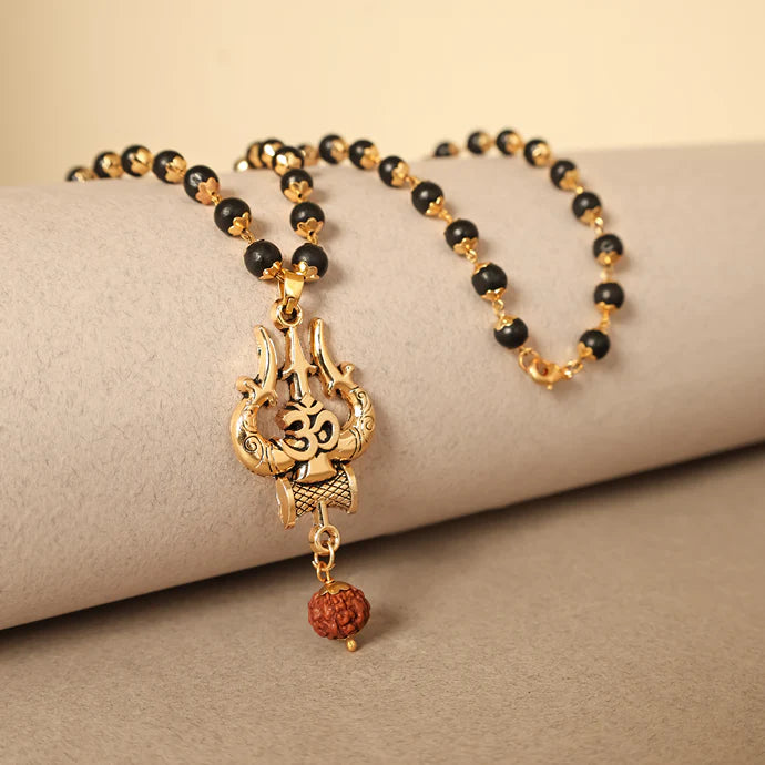 Karungali Mala with Gold-Cap with Shiv Trishul & Rudraksha Pendant 54B