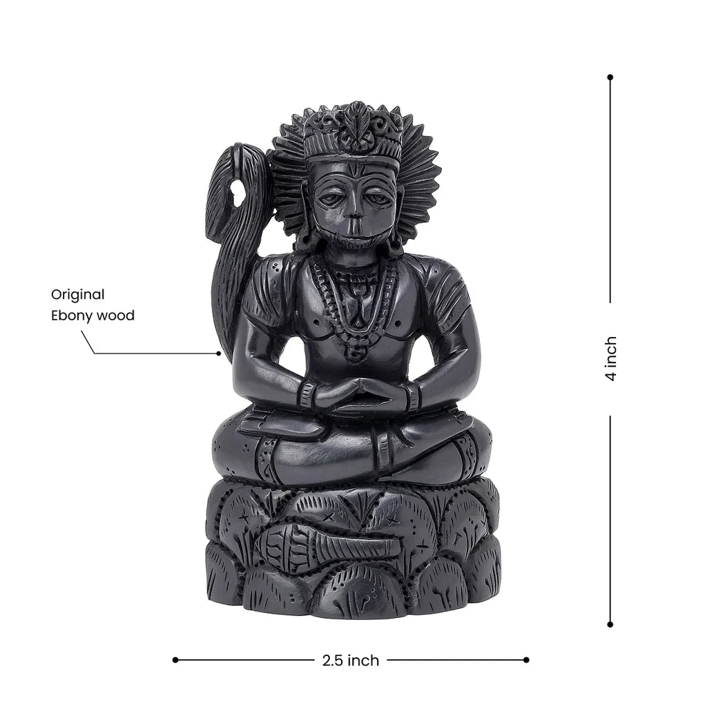 Lord Hanuman God idol, 4 inches tall, seated in meditation pose, made from original Ebony wood in india.