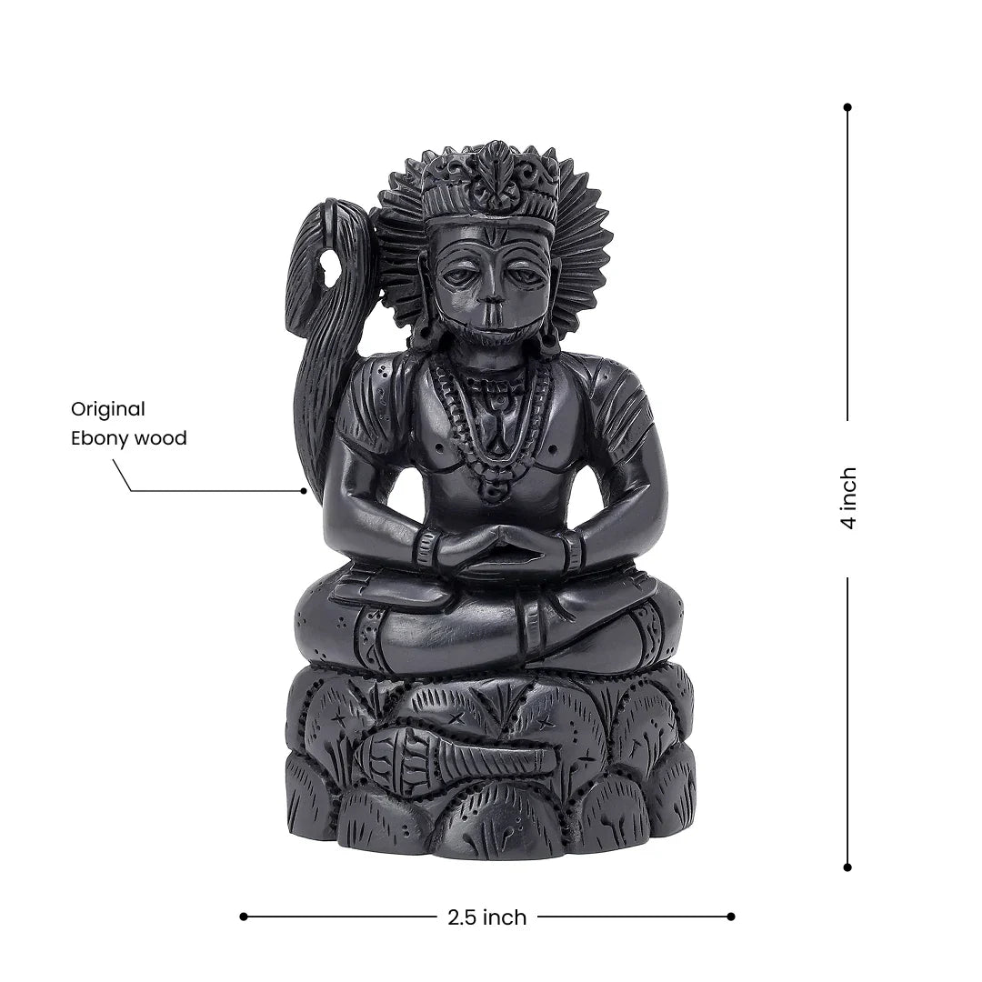 Lord Hanuman God idol, 4 inches tall, seated in meditation pose, made from original Ebony wood in india.