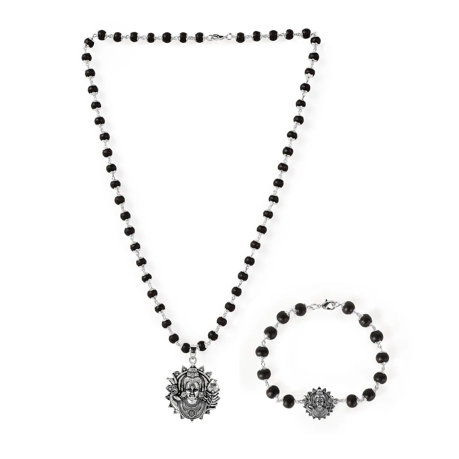 Lord Murugan Silver-Capped Karungali Combo (Pendant & Bracelet)