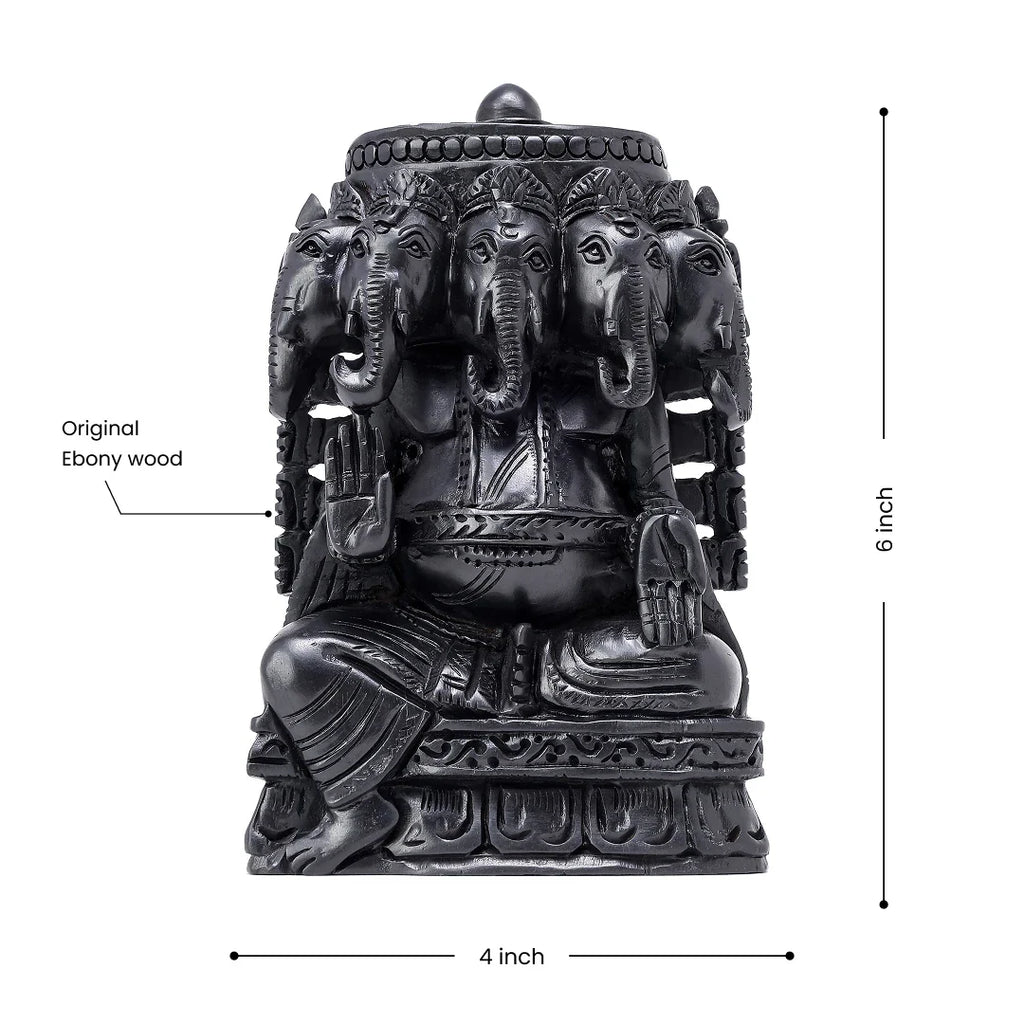 Six-inch tall Panchmukhi Ganesha idol carved from original Ebony wood