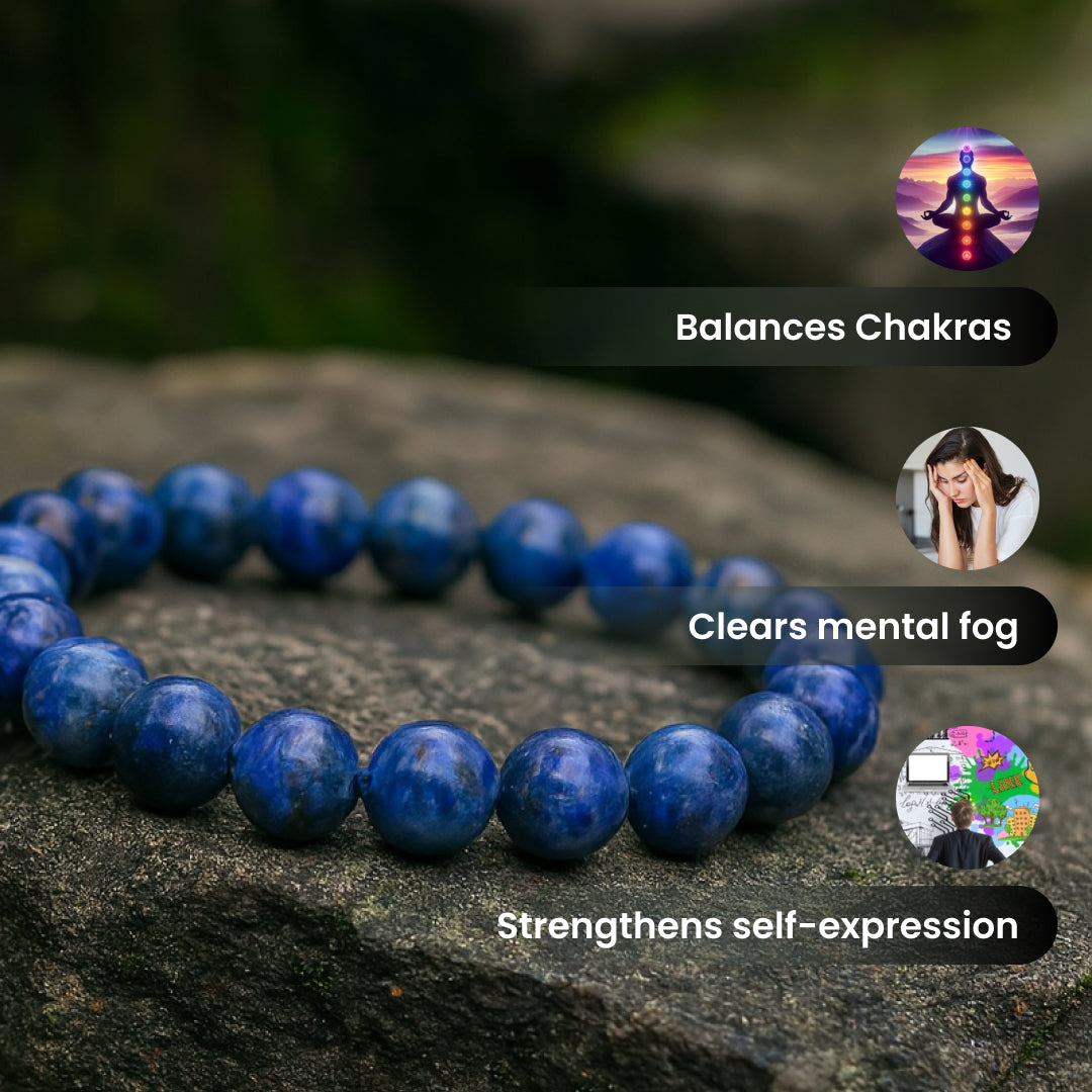 The sodalite crystal stone bracelet is known to be connected to the Ajna chakra or third eye chakra. Thus promoting intuition and the ability to trust better.