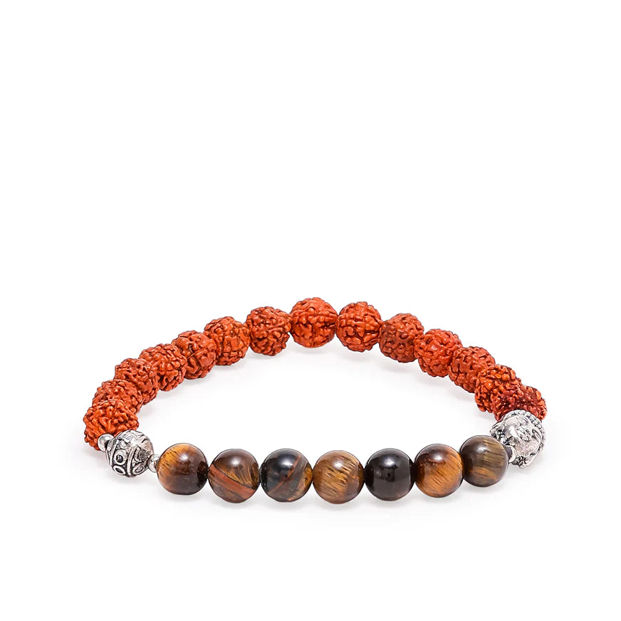 Spiritual Harmony Bracelet - Tiger's Eye, Rudraksha, and Buddha Symbol