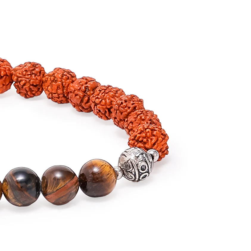 Spiritual Harmony Bracelet - Tiger's Eye, Rudraksha, and Buddha Symbol Closeup