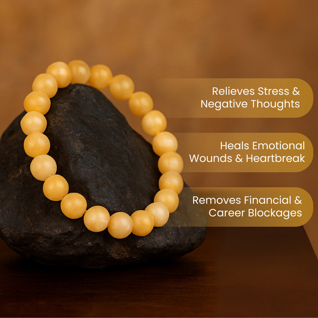 The yellow calcite stone bracelet is ideal for students, thinkers and professionals; the yellow calcite stone bracelet benefits are associated with promoting better concentration and mental sharpness by stimulating the mind.