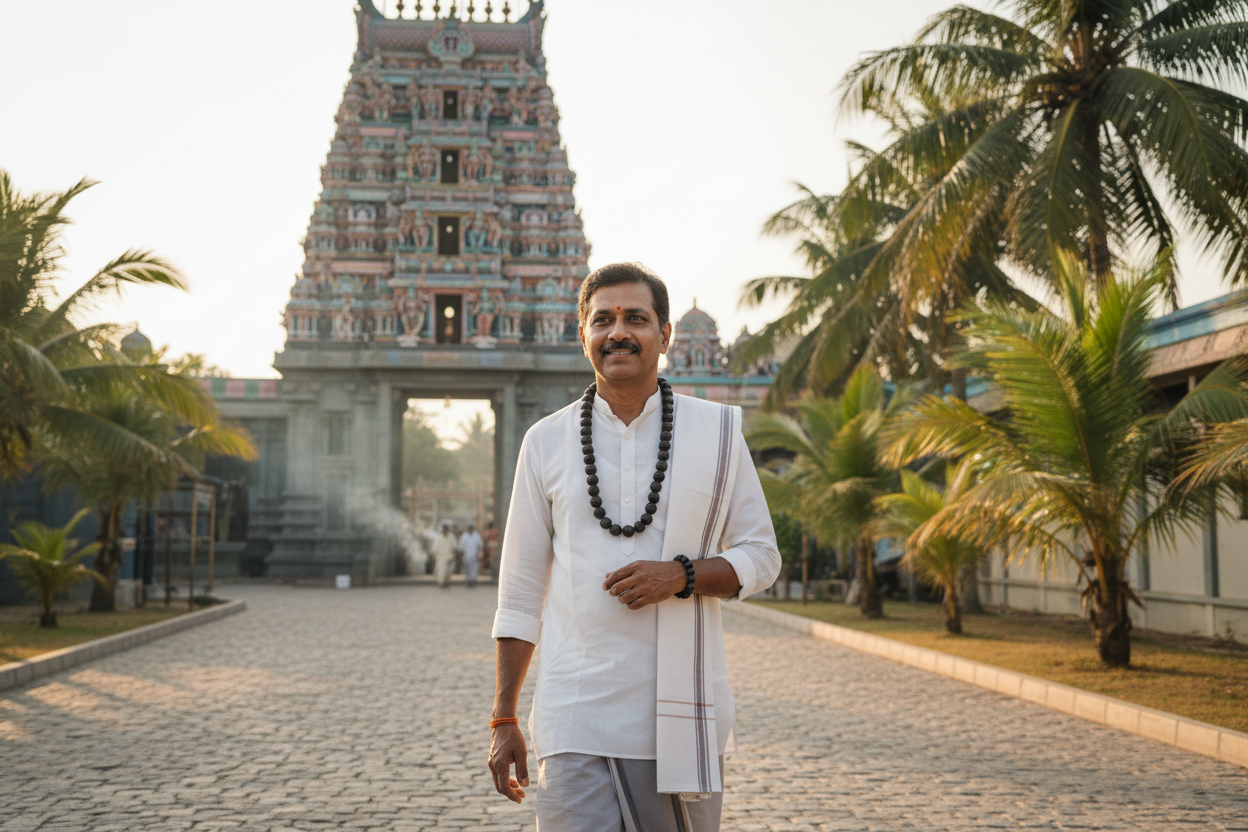 A common man going to the Murgan temple while wore Karungali mala & Karungali (Ebony Wood) Bracelet in hand