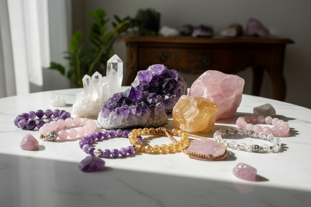 Collection of raw gemstones & their bracelets