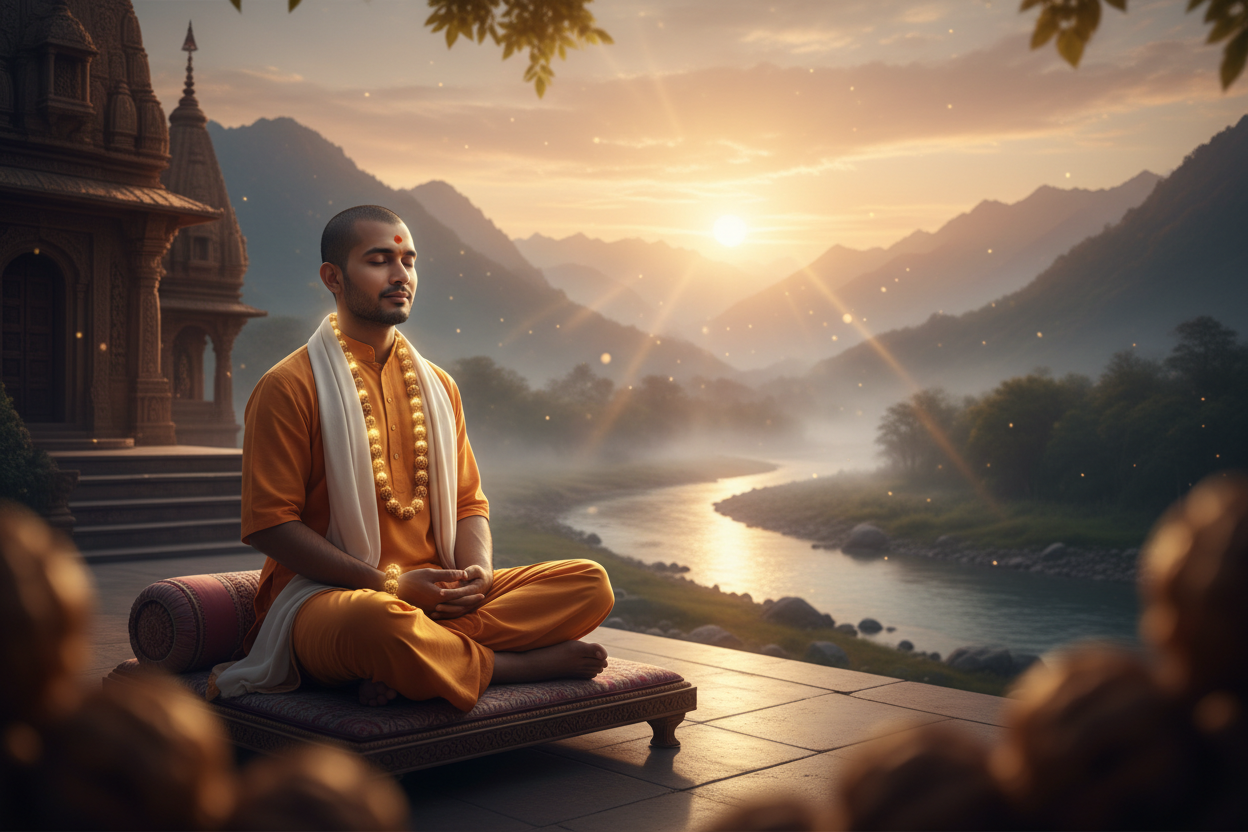 Create a premium hero banner for a spiritual brand. 
Show a Hindu priest or sage sitting in peaceful meditation, wearing authentic Rudraksha mala around the neck and wrist. 
Depict the scene in a divine, serene environment — soft morning sunlight, temple background or natural sacred setting (like riverbank or mountains). 
Use warm golden light, soft focus, and spiritual aura around the figure. 
The Rudraksha beads should be clearly visible, detailed, and glowing softly with divine energy.
