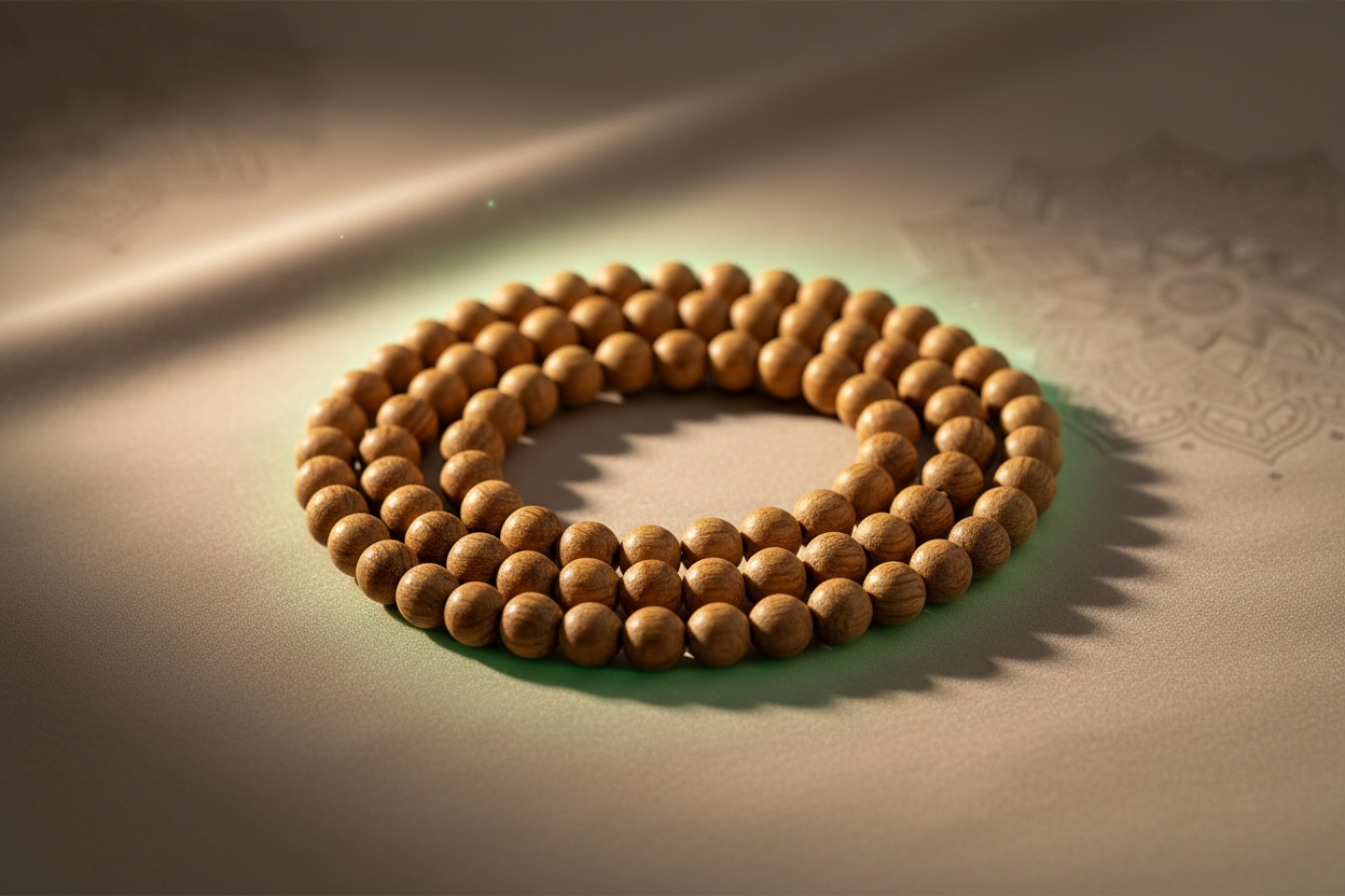 Create a premium spiritual banner featuring a beautifully arranged Tulsi mala placed on a soft neutral background. Highlight the natural wooden texture of Tulsi beads with gentle golden light and a subtle green spiritual aura. Add soft temple-inspired ambient glow, minimal decorative mandala elements in the background, and a clean luxury feel. Style: elegant, serene, devotional, modern spiritual aesthetic. Composition centered, high detail, macro-quality beads, premium product mood. For Divine Crystals bran